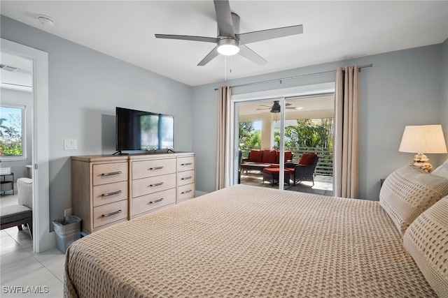 bedroom with ceiling fan, access to outside, and light tile patterned flooring