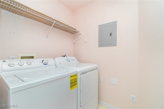 washroom featuring electric panel and washing machine and clothes dryer