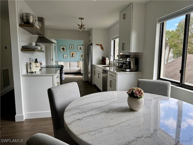 dining space with a healthy amount of sunlight, sink, and dark wood-type flooring