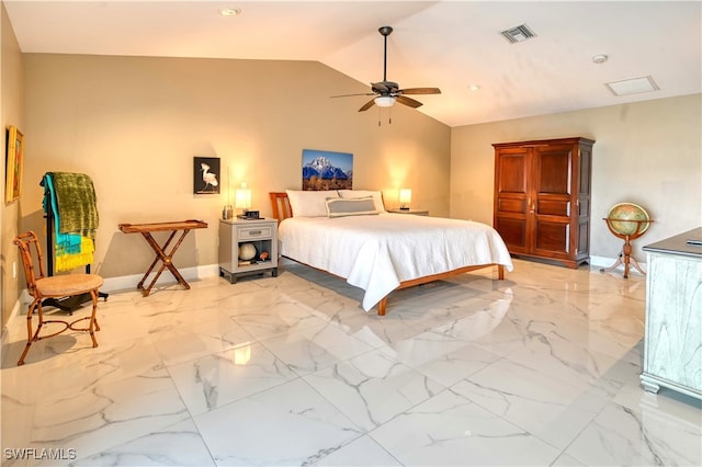 bedroom with ceiling fan and vaulted ceiling