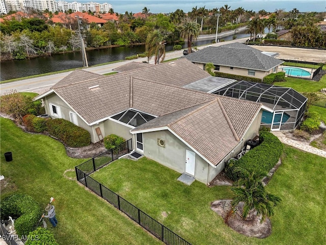 drone / aerial view featuring a water view