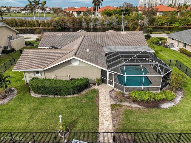 aerial view featuring a water view