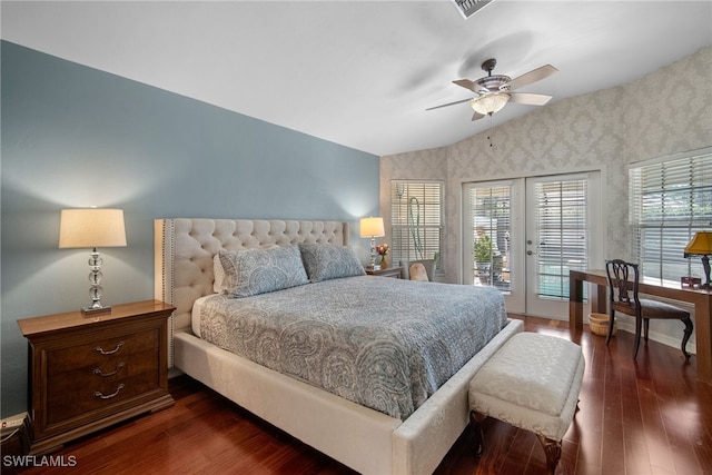 bedroom featuring lofted ceiling, ceiling fan, dark hardwood / wood-style flooring, access to outside, and french doors