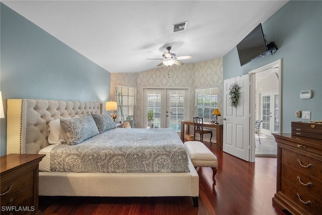 bedroom with ceiling fan, access to outside, vaulted ceiling, dark wood-type flooring, and french doors