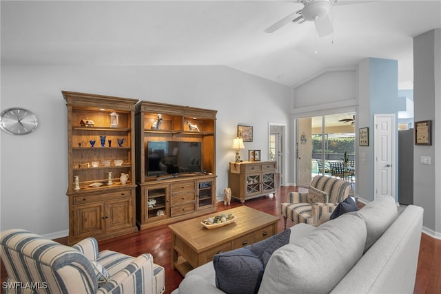 living room with vaulted ceiling, dark hardwood / wood-style floors, and ceiling fan