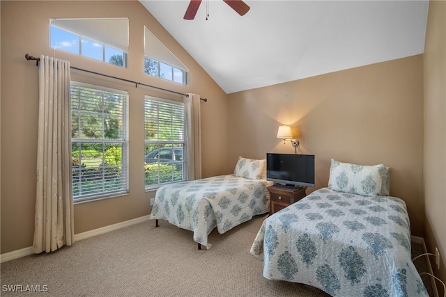 bedroom featuring carpet floors, high vaulted ceiling, and ceiling fan