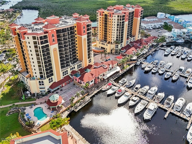 drone / aerial view with a water view