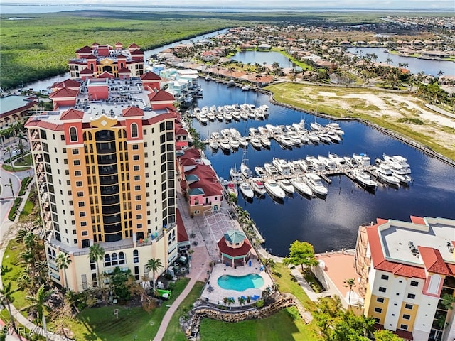 birds eye view of property featuring a water view