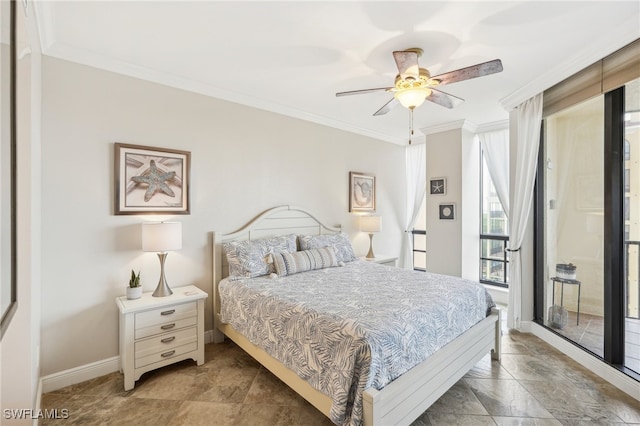 bedroom with crown molding, access to outside, and ceiling fan