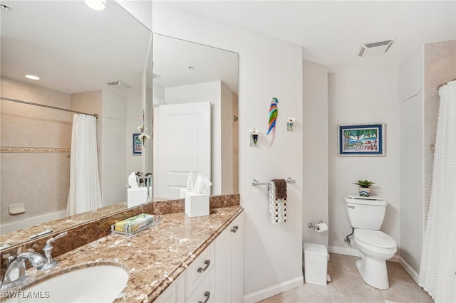 bathroom featuring vanity, toilet, a shower with curtain, and tile patterned flooring