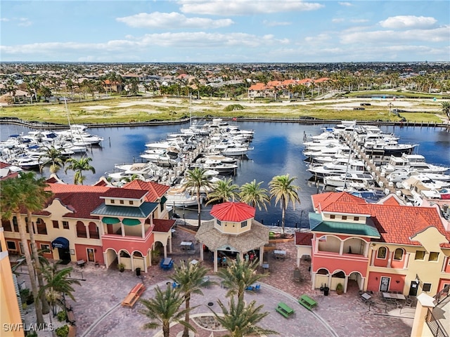 drone / aerial view with a water view