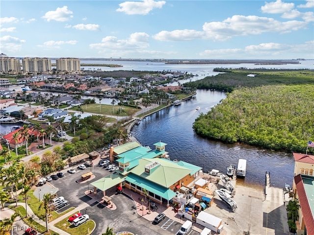 drone / aerial view featuring a water view