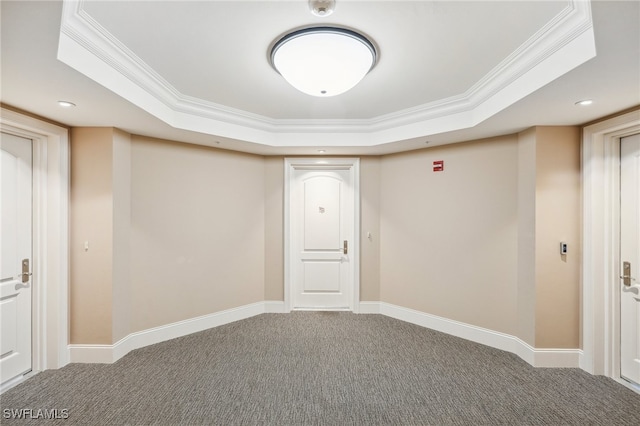 carpeted spare room with a raised ceiling and ornamental molding