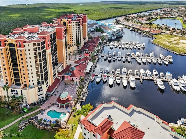 aerial view featuring a water view