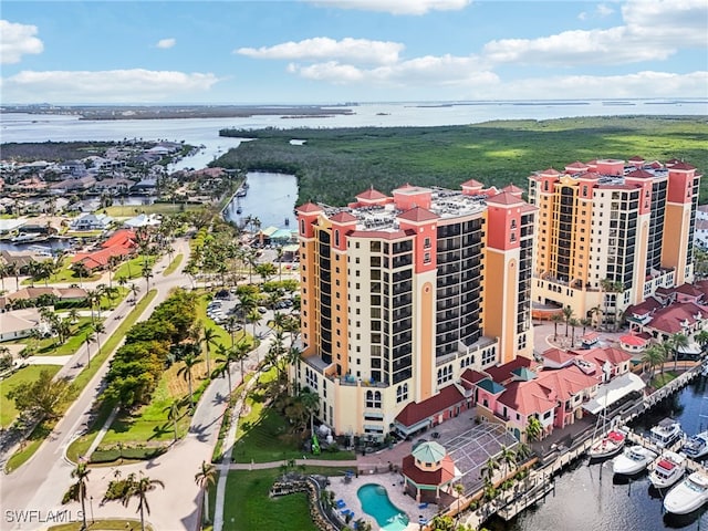 aerial view featuring a water view