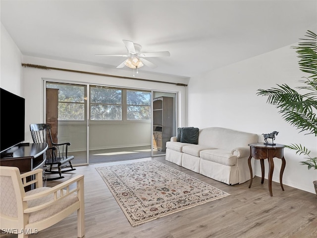 living room with light hardwood / wood-style floors and ceiling fan