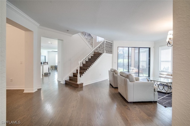 living room with ornamental molding, a textured ceiling, and dark hardwood / wood-style flooring