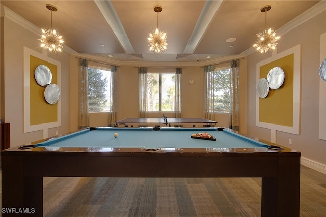 recreation room with an inviting chandelier, ornamental molding, and dark hardwood / wood-style flooring