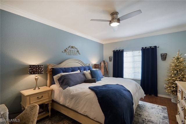 bedroom with ceiling fan, crown molding, and dark hardwood / wood-style flooring