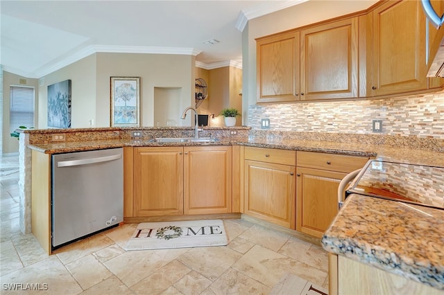 kitchen with sink, stainless steel dishwasher, ornamental molding, light stone counters, and kitchen peninsula