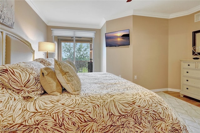 bedroom with light wood-type flooring, access to outside, and ornamental molding