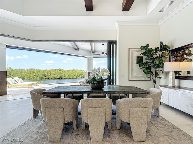 dining area featuring crown molding and beam ceiling