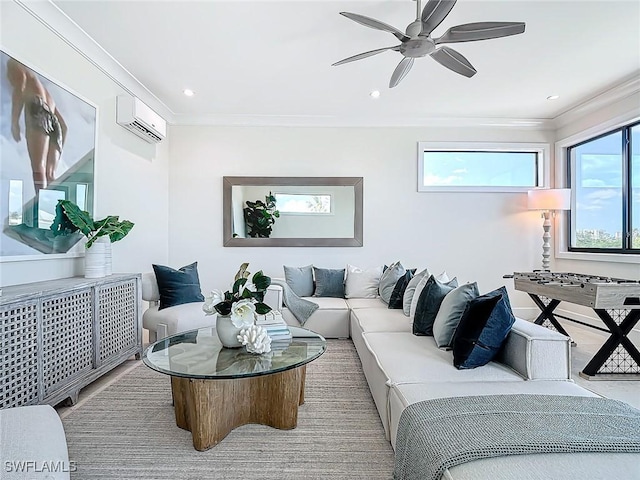 living room featuring crown molding, ceiling fan, and an AC wall unit