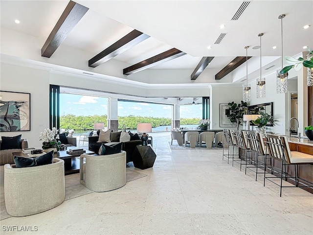 living room featuring beam ceiling