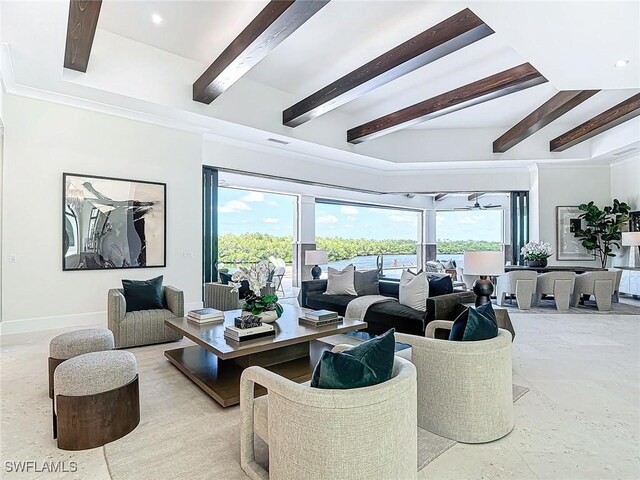 living room featuring beamed ceiling