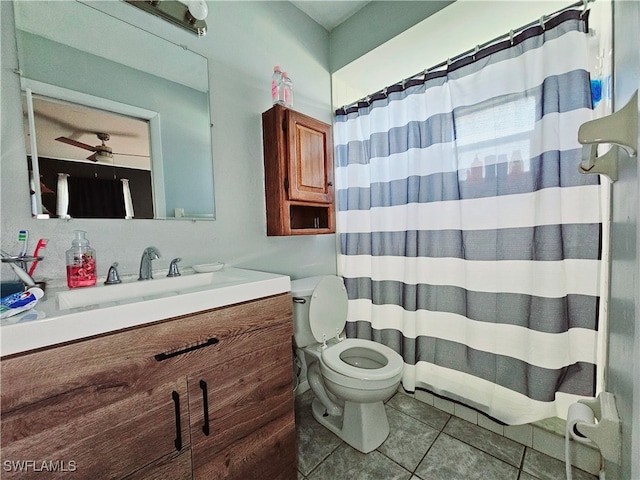 bathroom featuring toilet, ceiling fan, tile patterned flooring, and vanity