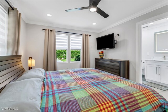 bedroom featuring ornamental molding, connected bathroom, and ceiling fan