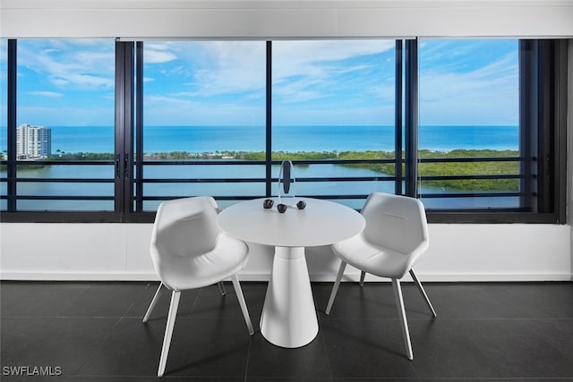 tiled dining room featuring a water view and a healthy amount of sunlight