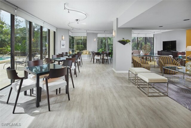 dining room with light wood-type flooring and rail lighting