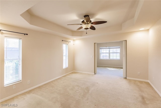 spare room featuring light carpet, a tray ceiling, and plenty of natural light