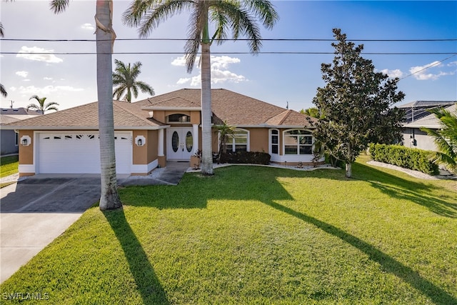 view of front facade with a garage and a front lawn