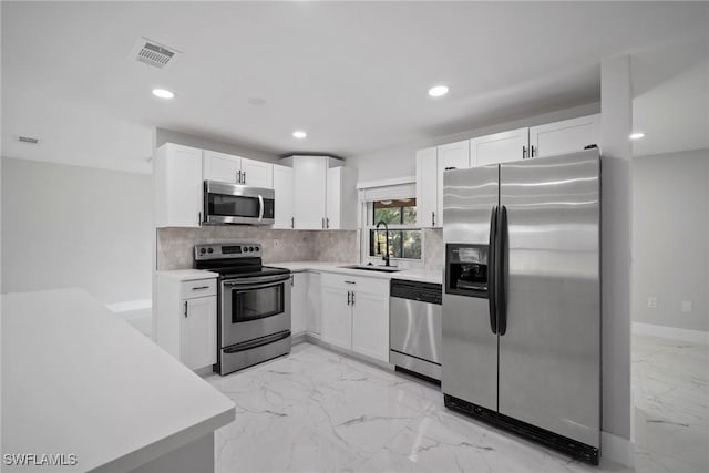 kitchen with decorative backsplash, sink, white cabinetry, and stainless steel appliances