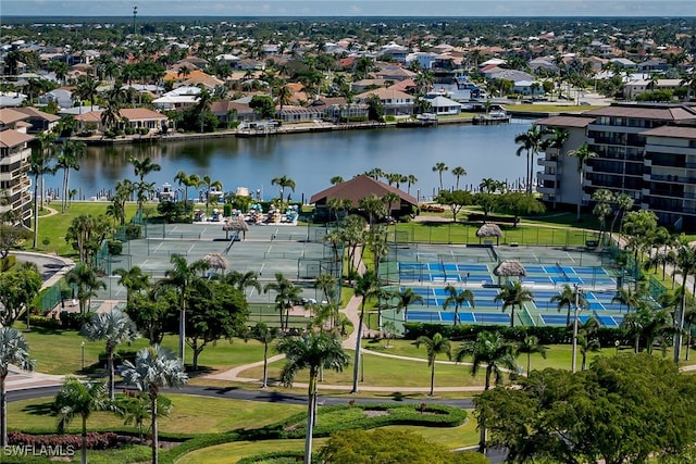 bird's eye view with a water view