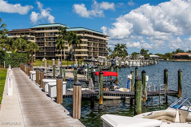 view of dock with a water view