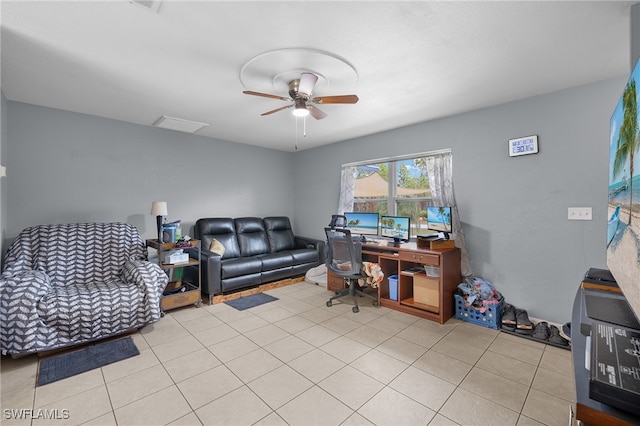 tiled office with ceiling fan