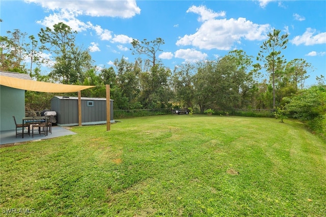 view of yard with a storage unit and a patio