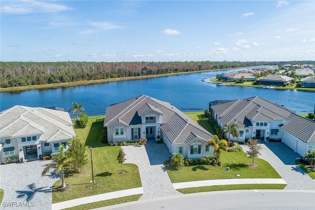 drone / aerial view with a water view