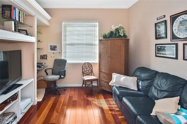 interior space featuring crown molding and dark hardwood / wood-style floors