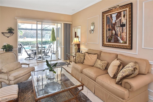 tiled living room featuring ornamental molding