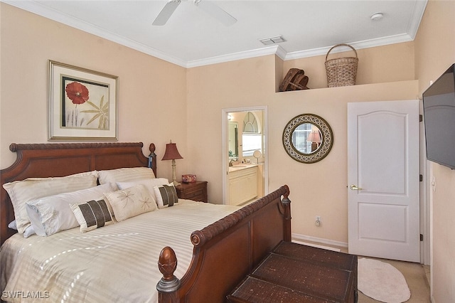 bedroom with ornamental molding, ensuite bathroom, and ceiling fan