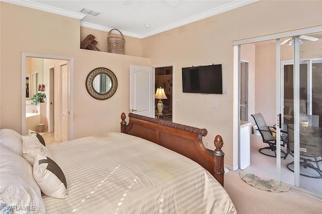 carpeted bedroom with ensuite bathroom, crown molding, and access to exterior