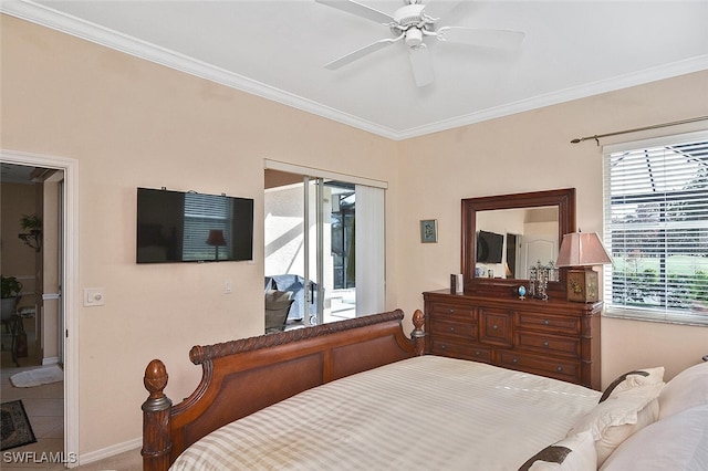 tiled bedroom with crown molding, access to outside, and ceiling fan