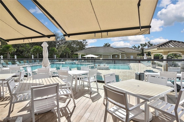 view of swimming pool with a wooden deck