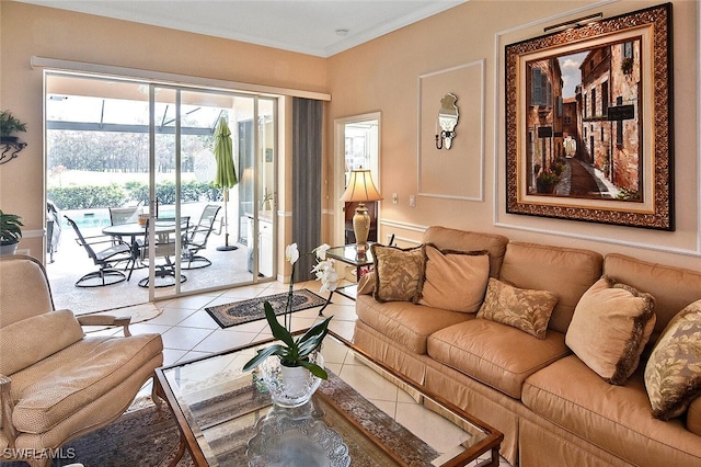 living room with crown molding and light tile patterned flooring