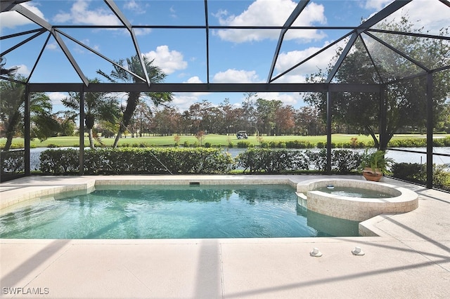 view of swimming pool with a water view, an in ground hot tub, a lanai, and a patio area