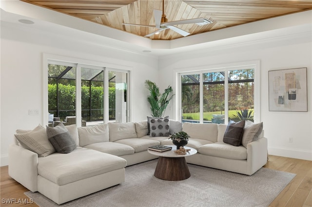 living room with ceiling fan, wood ceiling, a healthy amount of sunlight, and hardwood / wood-style floors